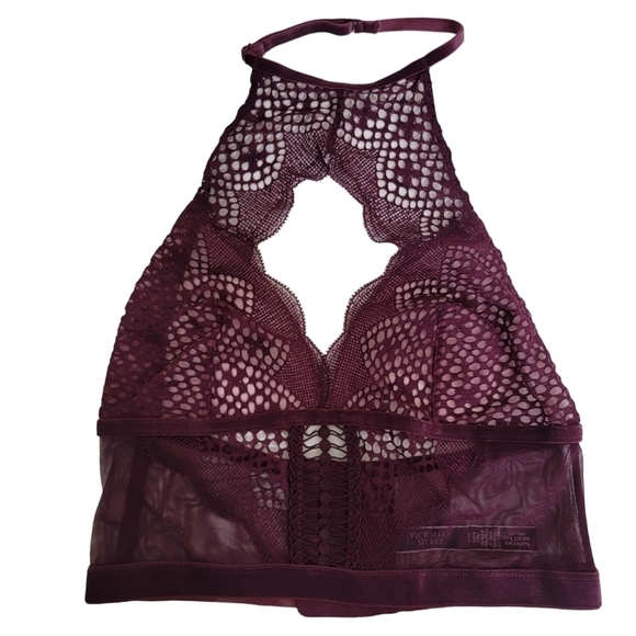 Victoria's Secret Maroon Red High Neck Bra Unlined Low Back Lace Bralette Small - Picture 1 of 8